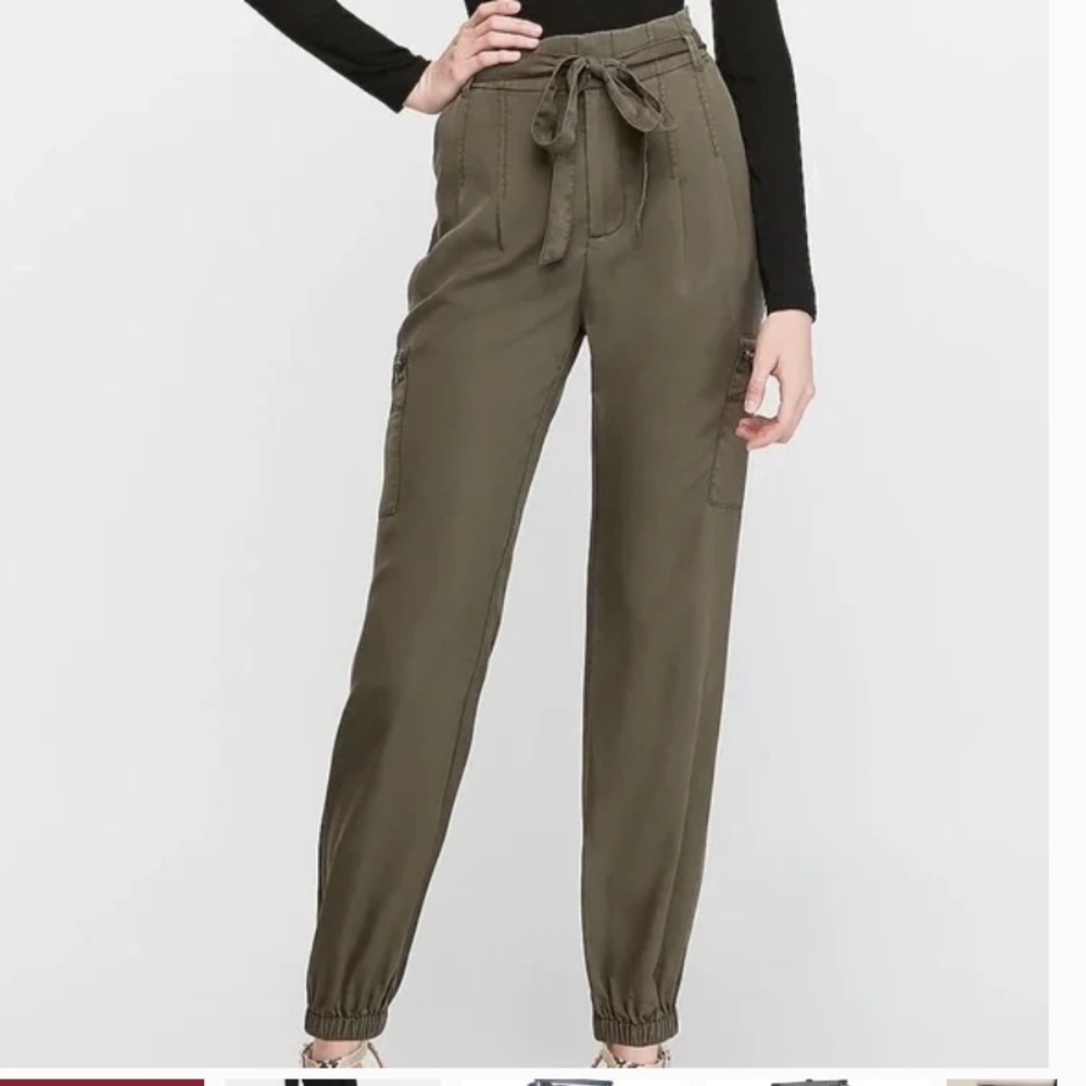 Express high waisted cargo twill utility jogger pants in olive green